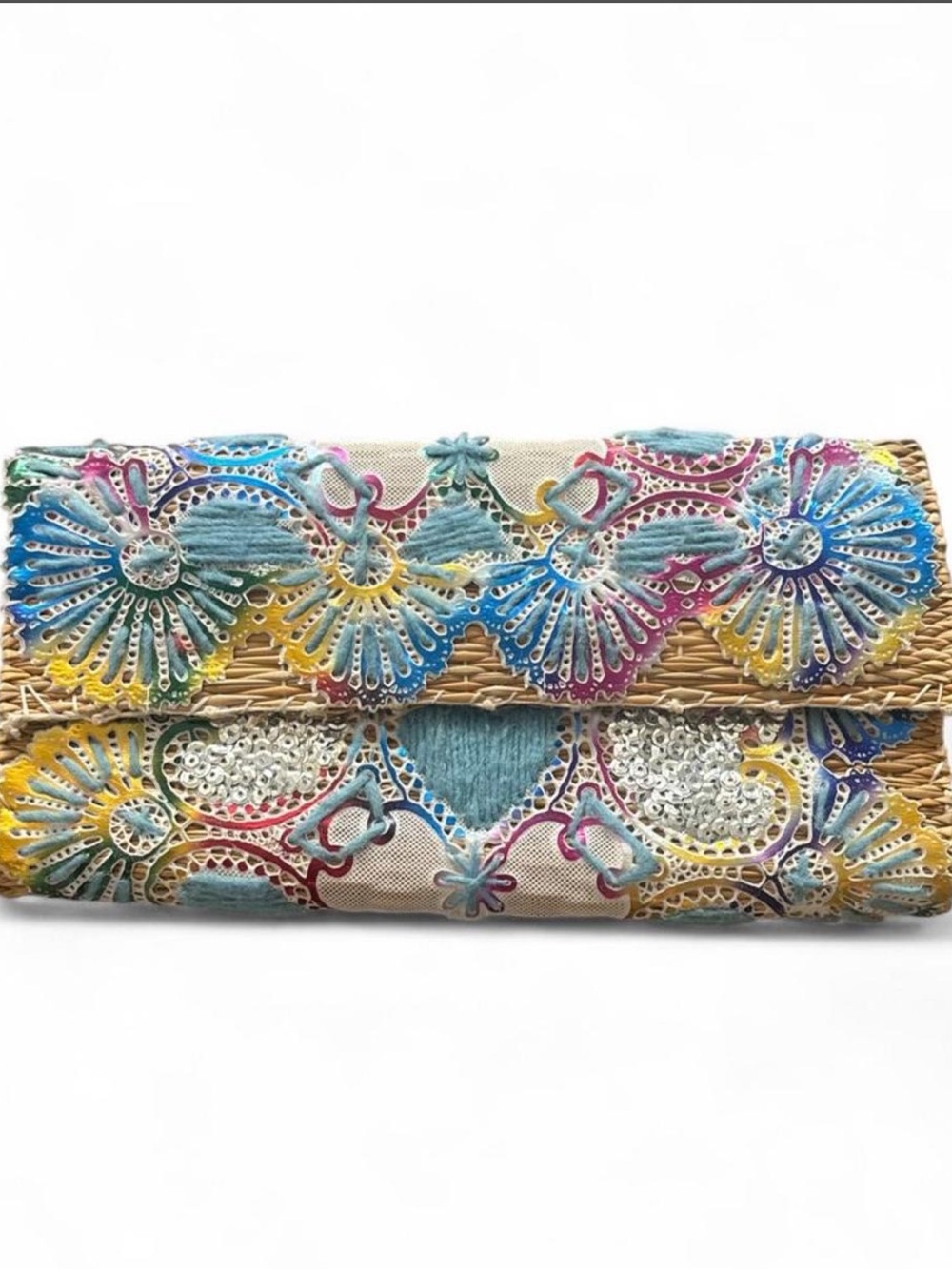 Custom euro Embroidered Multi-Color Straw Clutch
